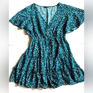 Ditsy Floral Dress Flutter Sleeve Ruffle Hem Teal Green SIZE L - 8/10 EUC